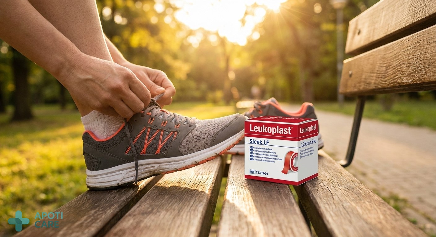 Realistic photography of a person tying their running shoes outdoors, showing a close-up of the ankle area, natural lighting, high quality, lifestyle health style.