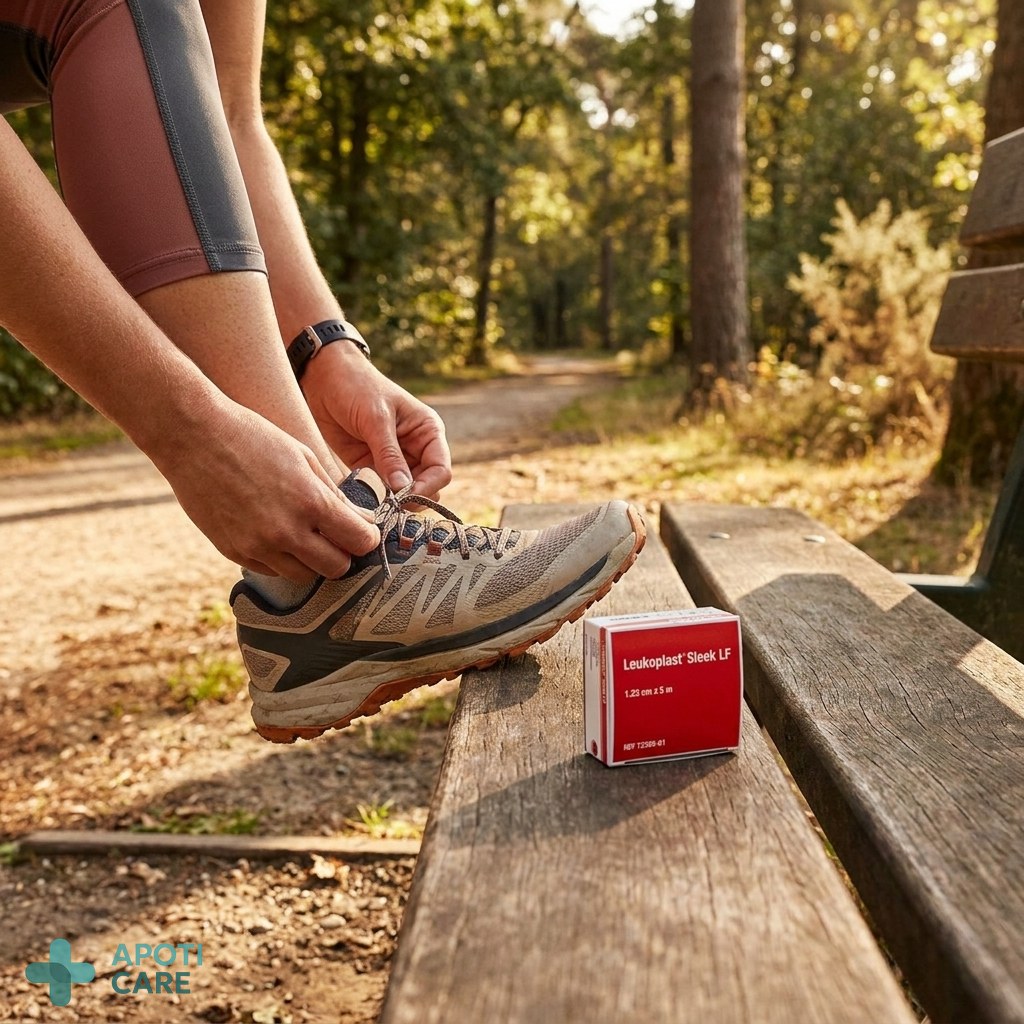 Realistic photography of a person tying their running shoes outdoors, focusing on the ankle area, clean and bright natural lighting, no logos or text.