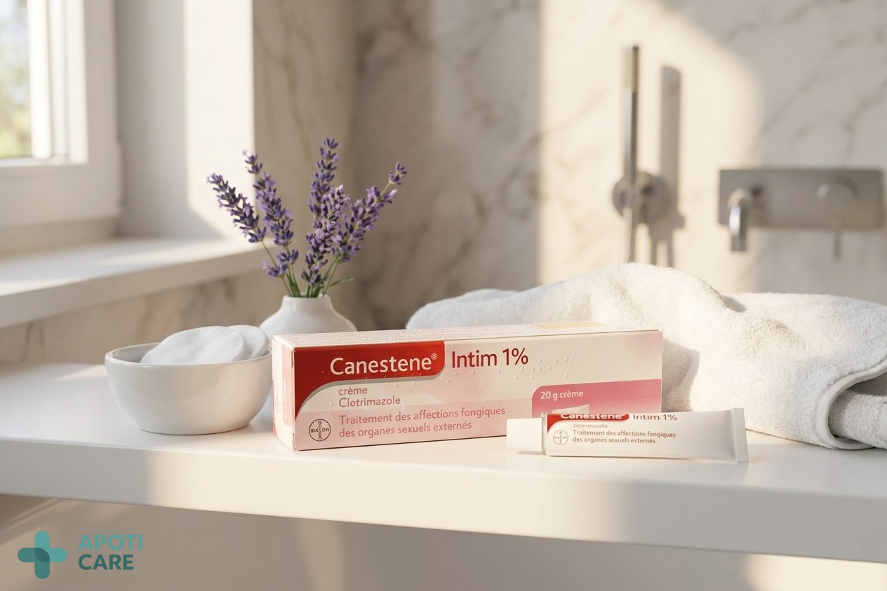 A clean, minimalist bathroom shelf with soft natural lighting, featuring a small white tube of cream next to a cotton towel and a sprig of lavender, symbolizing gentle care and hygiene.