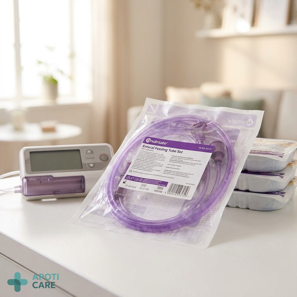 Close-up photography of a professional medical setup in a bright home environment, showing a nutrition pump and clinical nutrition containers on a clean white surface, soft natural lighting, realistic medical atmosphere.