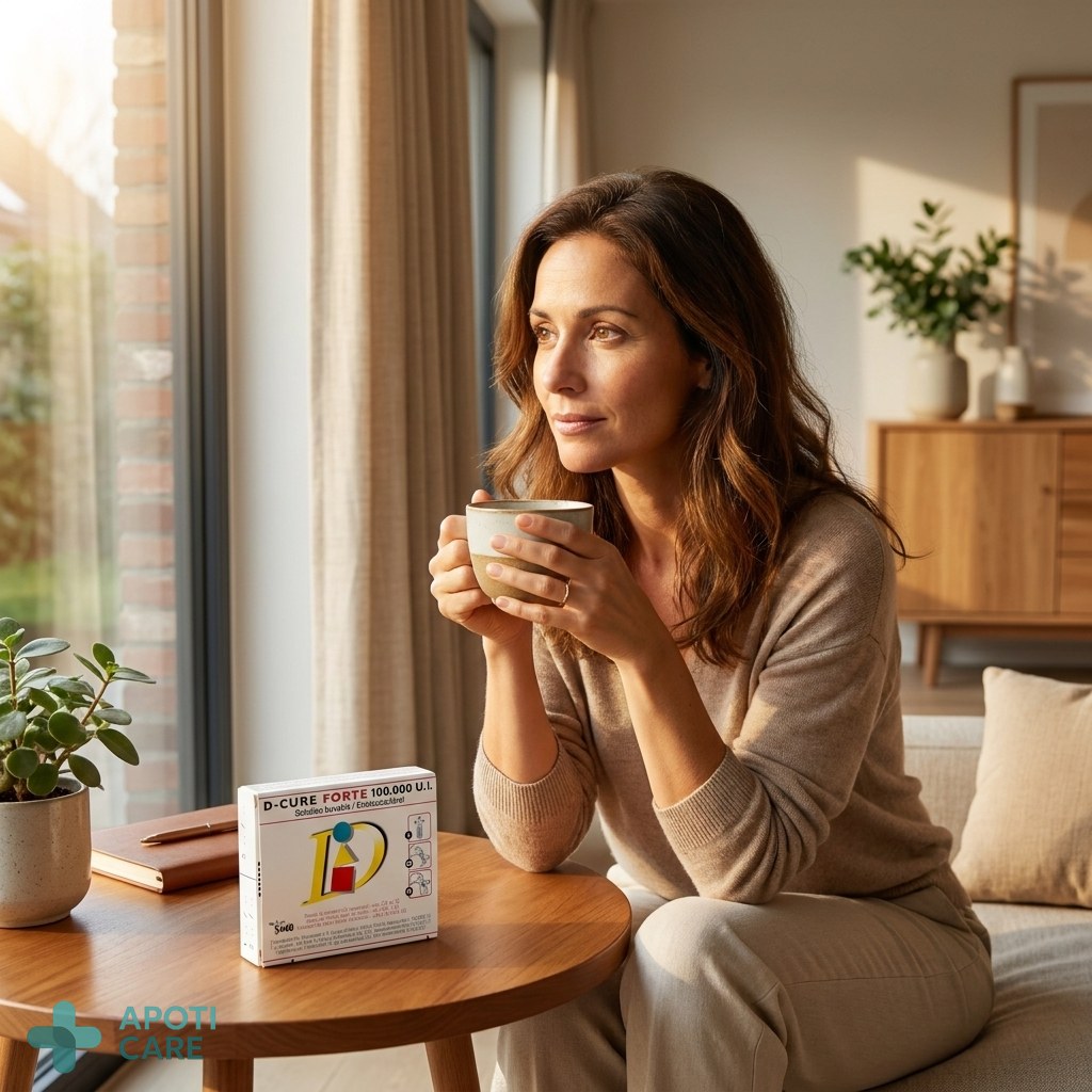 A professional, realistic photograph of an active 40-year-old person sitting by a window with soft morning light, looking thoughtful but slightly tired, with a cup of tea, clean and bright interior design.