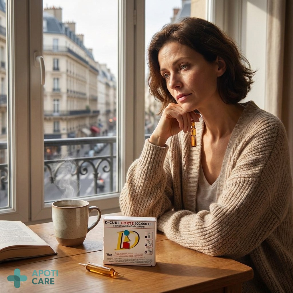 A person sitting by a window with soft natural light, looking slightly tired but calm, reflecting a modern indoor lifestyle in a cozy apartment in Paris or Brussels.