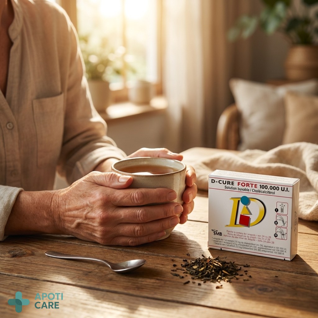 Close-up photography of a middle-aged person's hands comfortably holding a warm cup of tea, focusing on natural joint movement, soft natural lighting, realistic skin texture, no text.