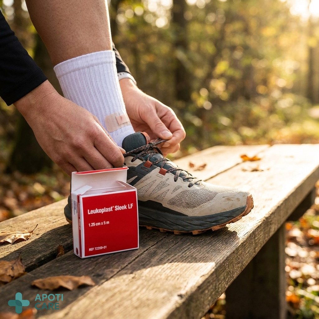 A close-up, realistic photograph of a person tying their running shoes outdoors on a sunny day, focusing on the ankle area with a clean athletic sock, natural daylight, professional photography style.