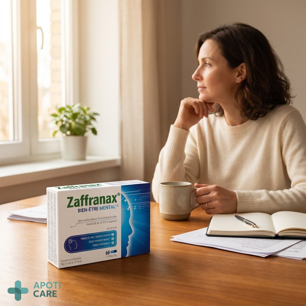 A professional person in their 40s sitting at a clean wooden desk, looking thoughtfully out a window with soft natural light, symbolizing mental clarity and focus. Realistic photography style, no text, no logo.