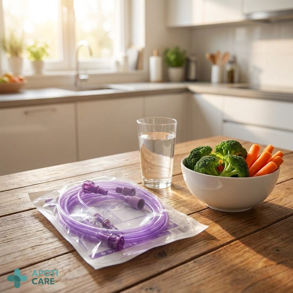 A realistic photography of a clean, bright modern kitchen interior with a focus on a wooden table featuring a glass of water and a bowl of fresh fiber-rich vegetables like broccoli and carrots, soft natural morning light, professional medical blog style.