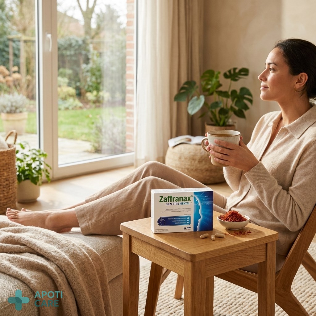 A calm, professional person sitting in a bright living room, looking out of a large window with a cup of tea, representing mental clarity and peace of mind, realistic photography.