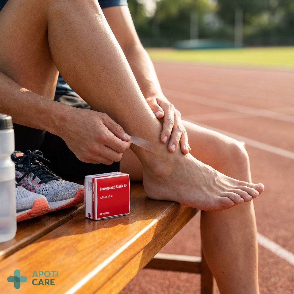 Realistic photography of a professional runner's ankle with a discreet protective bandage, close-up shot, natural daylight, outdoor athletic track environment, focused on the texture of the skin and the bandage's adherence.