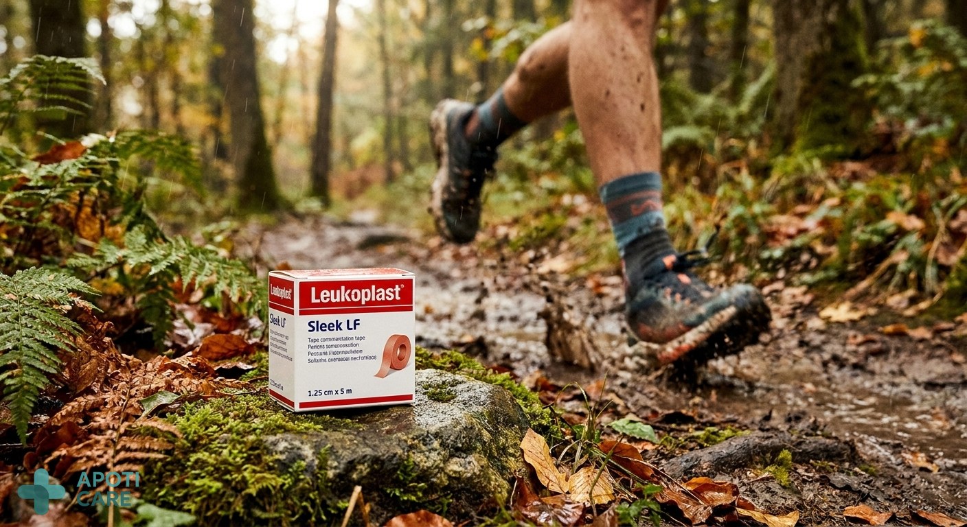 Close-up of a runner's legs on a forest trail during a rainy day, focusing on the movement and the splashing mud, realistic photography, natural lighting.