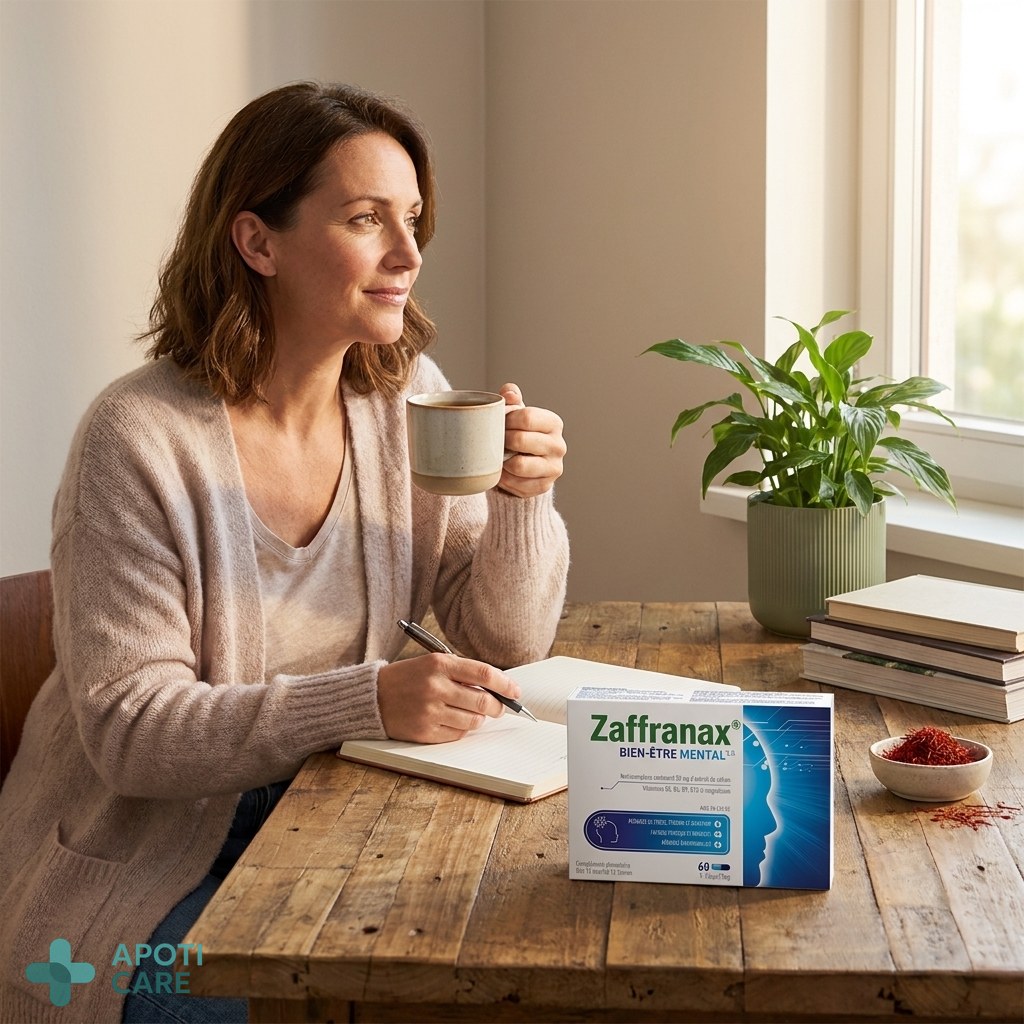 Realistic photography of a professional person in their 40s sitting at a wooden desk, looking thoughtful with a notebook and a cup of tea, soft natural morning light, serene atmosphere, high resolution.