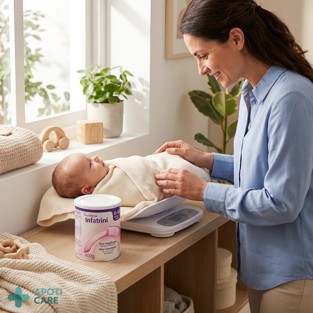 A close-up, realistic photo of a professional pediatrician or a parent gently weighing a baby on a digital scale in a brightly lit, warm nursery or medical office. The focus is on the baby's comfort and the care provided.