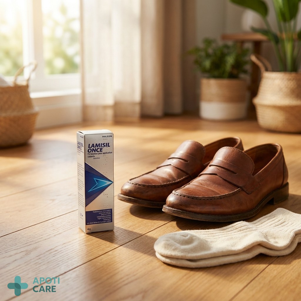 Realistic high-quality photography of a clean pair of leather shoes next to a pair of cotton socks on a wooden floor, bright natural morning light, professional wellness atmosphere.
