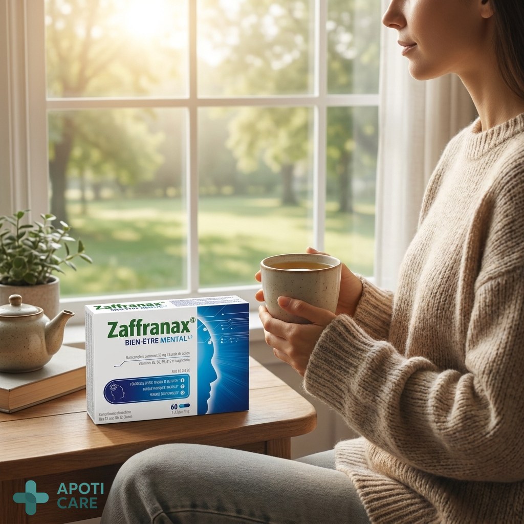 A calm person sitting by a large window with a view of a peaceful park, holding a warm cup of herbal tea, soft natural morning light, realistic photography style.