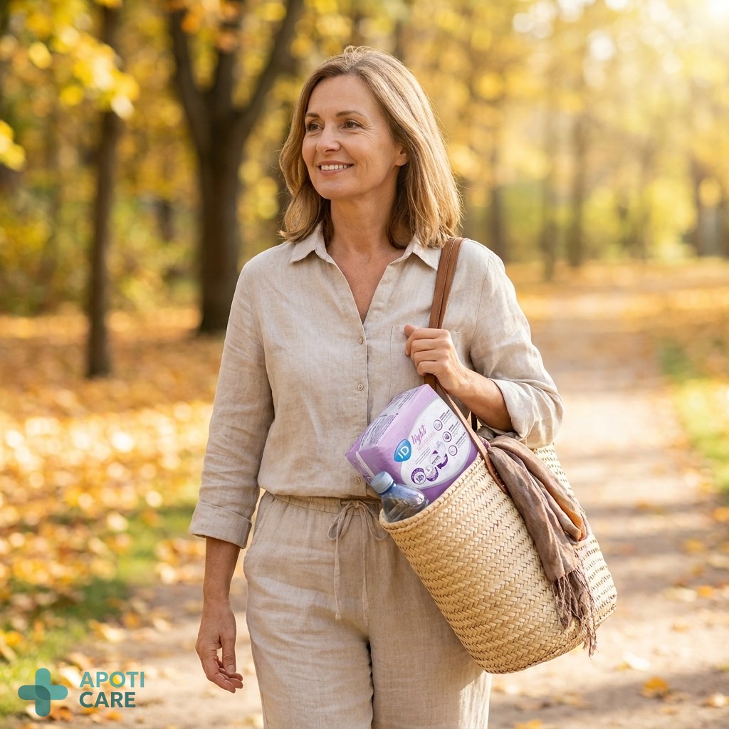 A serene woman in her early 50s with a natural smile, wearing comfortable linen clothing, walking in a sunlit park during autumn. The atmosphere is calm, soft lighting, professional photography style.