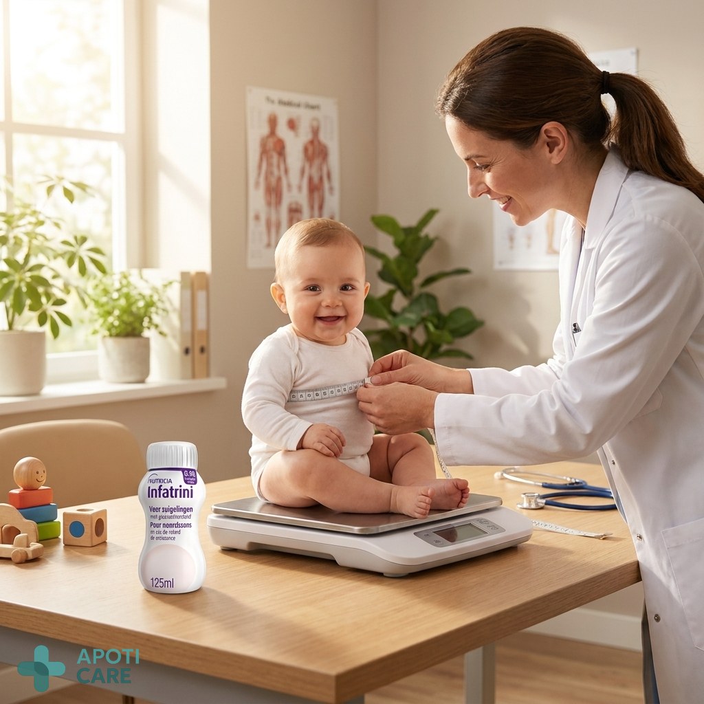Realistic high-quality photography of a professional pediatrician gently measuring a 6-month-old baby on a scale, soft natural lighting, medical consultation room background, no logos, no text.