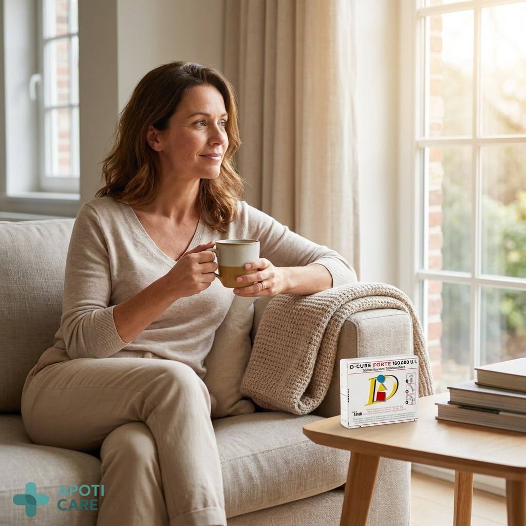 Realistic photography of a professional woman in her 40s sitting on a sofa in a bright living room, looking thoughtfully out the window with a cup of tea, soft morning light, cozy atmosphere, high resolution, natural colors.