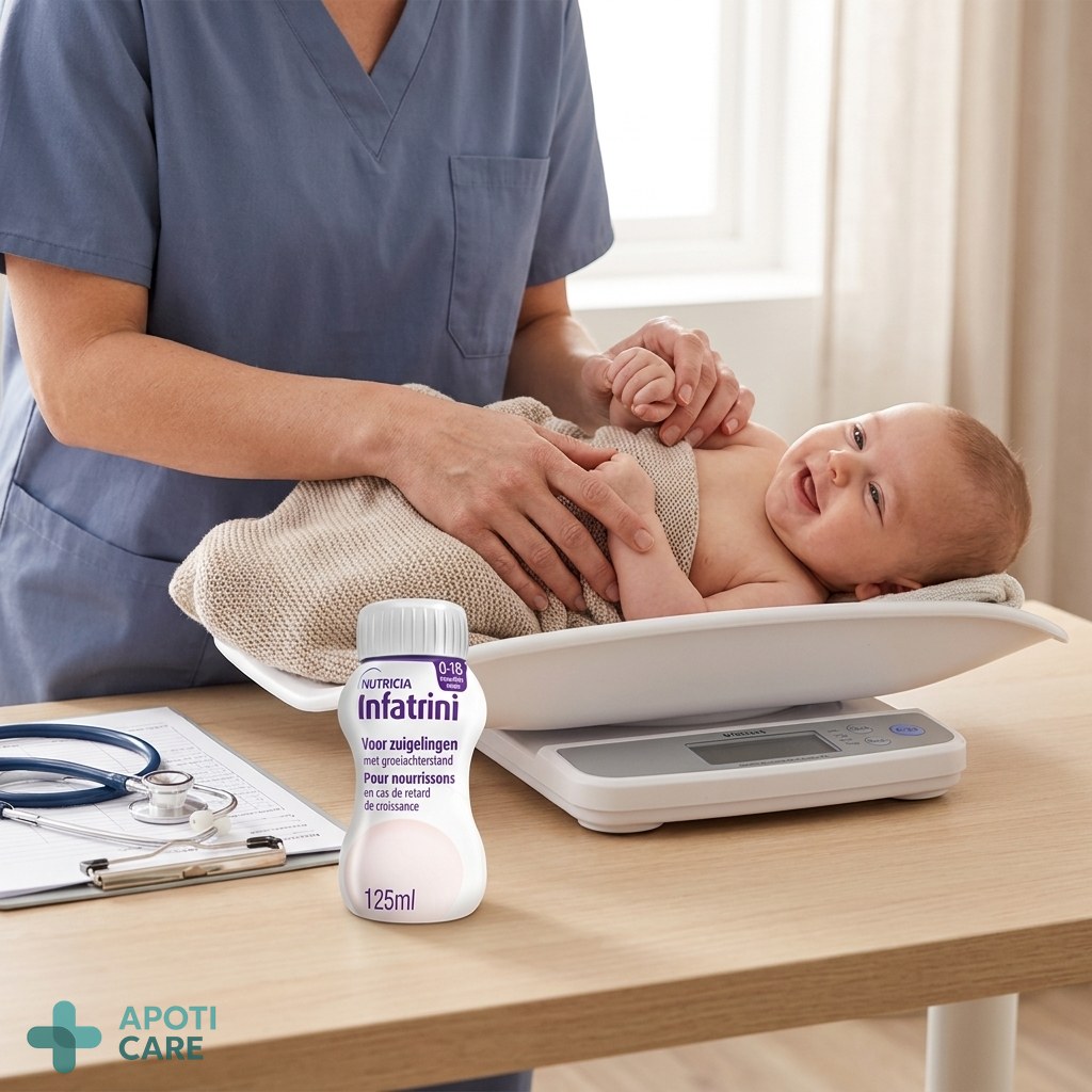 Realistic photography of a professional pediatric consultation, a pediatrician gently examining a baby on a scale, soft natural lighting, warm clinical atmosphere, high quality, no text.