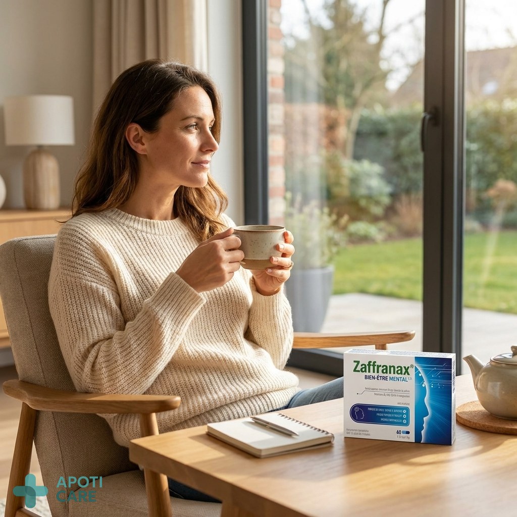 A realistic photograph of a professional woman in her late 30s sitting in a bright, modern living room, looking calmly out the window while holding a cup of herbal tea, natural soft lighting, high resolution, no text.