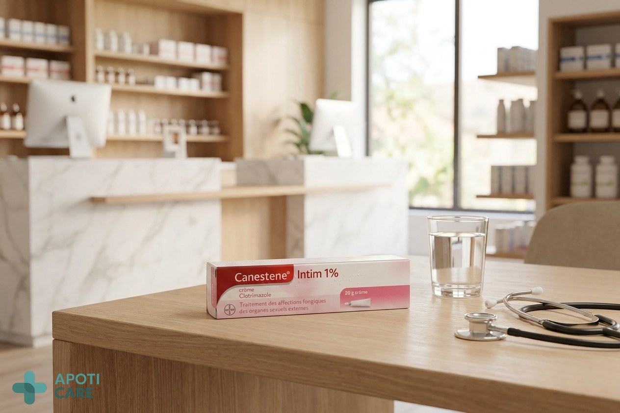 Realistic photography of a professional healthcare environment with a focus on a consultation table where a box of medicine sits next to a glass of water and a stethoscope, soft natural lighting, high-end pharmacy aesthetic.