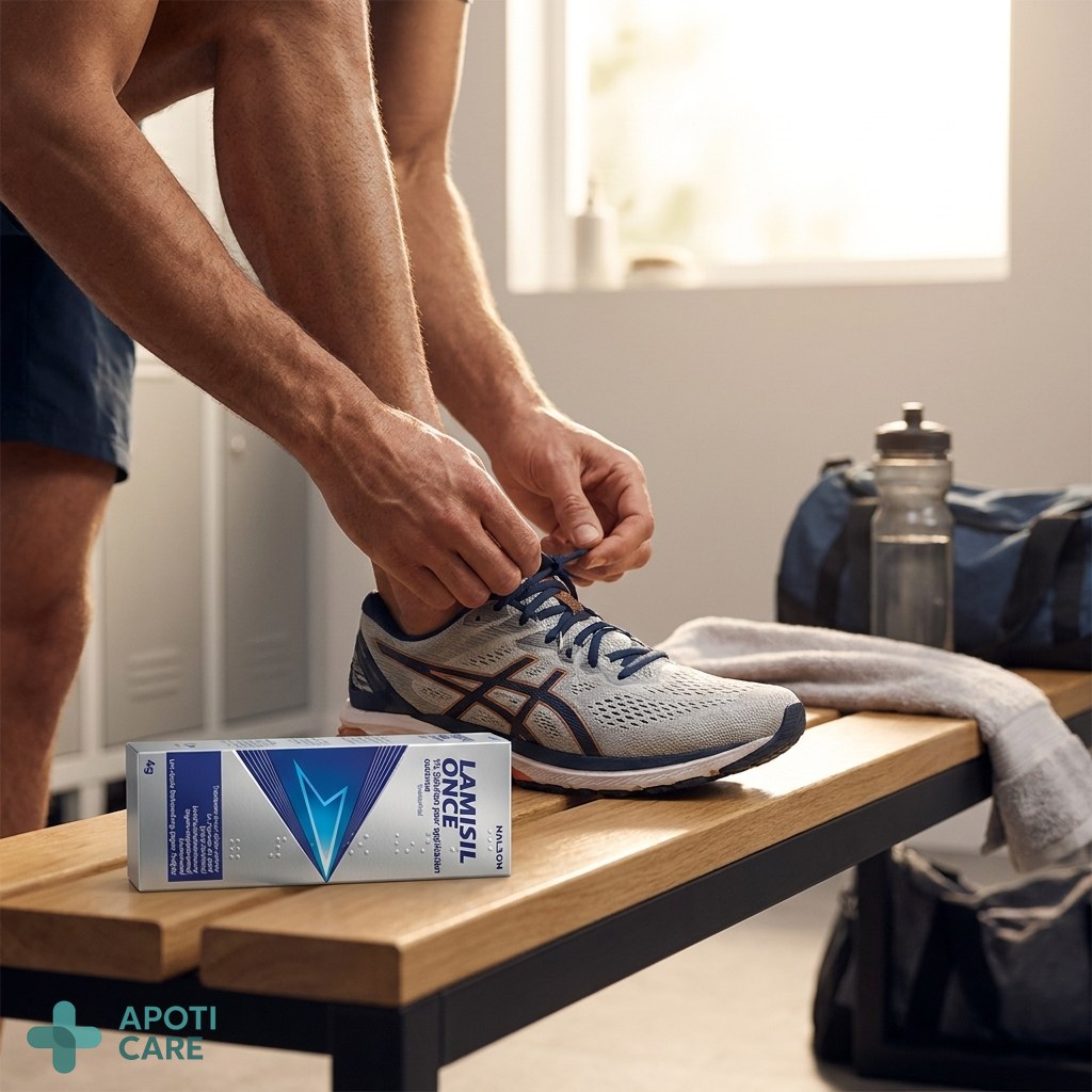 Close-up photography of a professional athlete tying high-quality running shoes in a modern locker room, soft natural lighting, realistic skin textures, athletic gear in the background, professional and clean atmosphere.