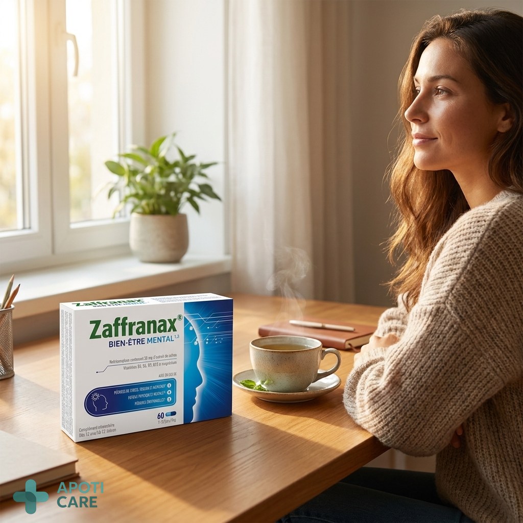 A realistic photograph of a professional adult person sitting at a tidy wooden desk, looking calmly out a window with soft natural sunlight, a cup of herbal tea nearby, symbolizing a peaceful break in a busy day.