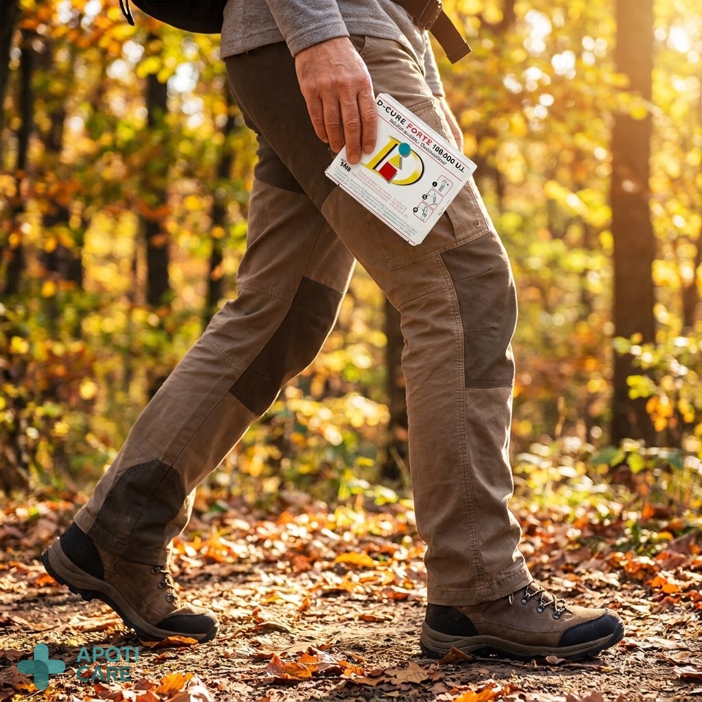 A close-up, realistic photograph of an active middle-aged person's legs walking on a forest path during autumn, focusing on the movement of the knees and ankles, high quality, natural lighting.