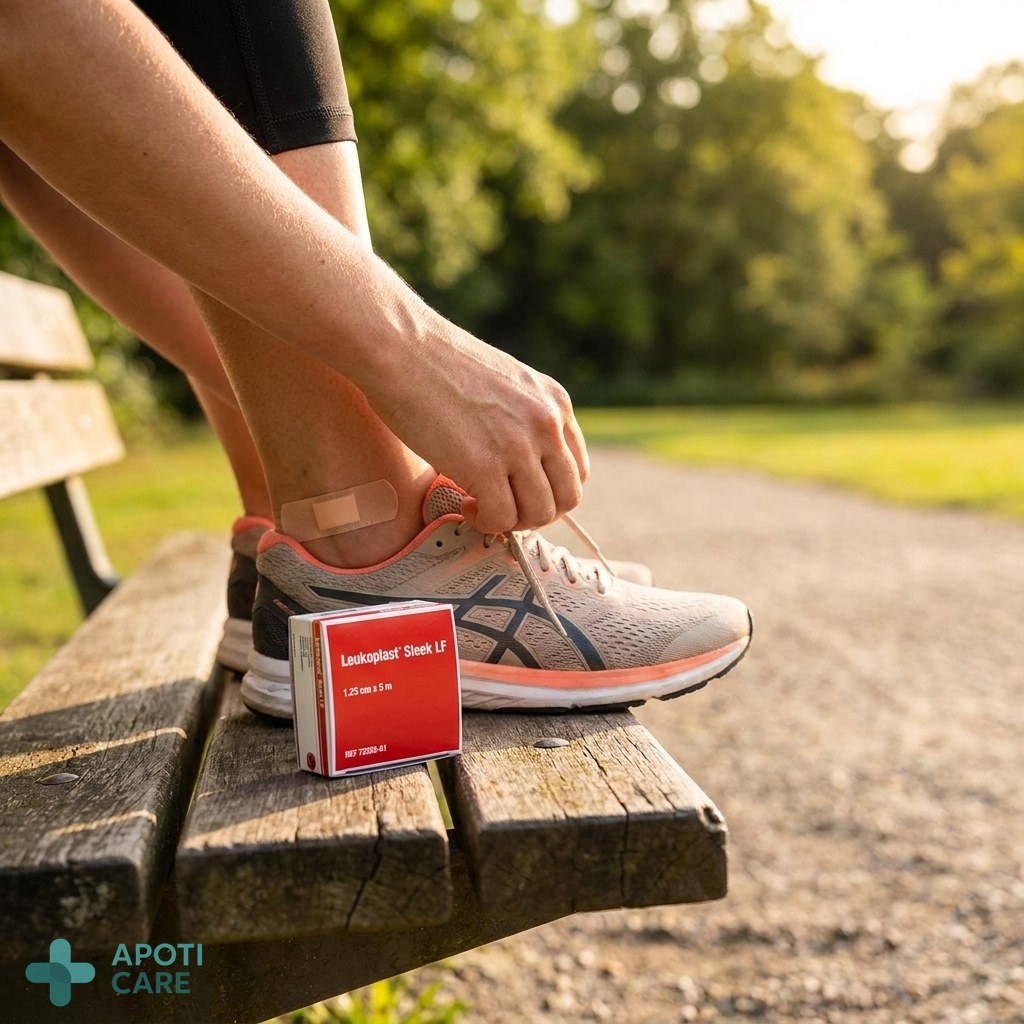 Realistic photography of a person tying their running shoes in a park, showing a small bandage on the heel, professional lighting, outdoor setting.