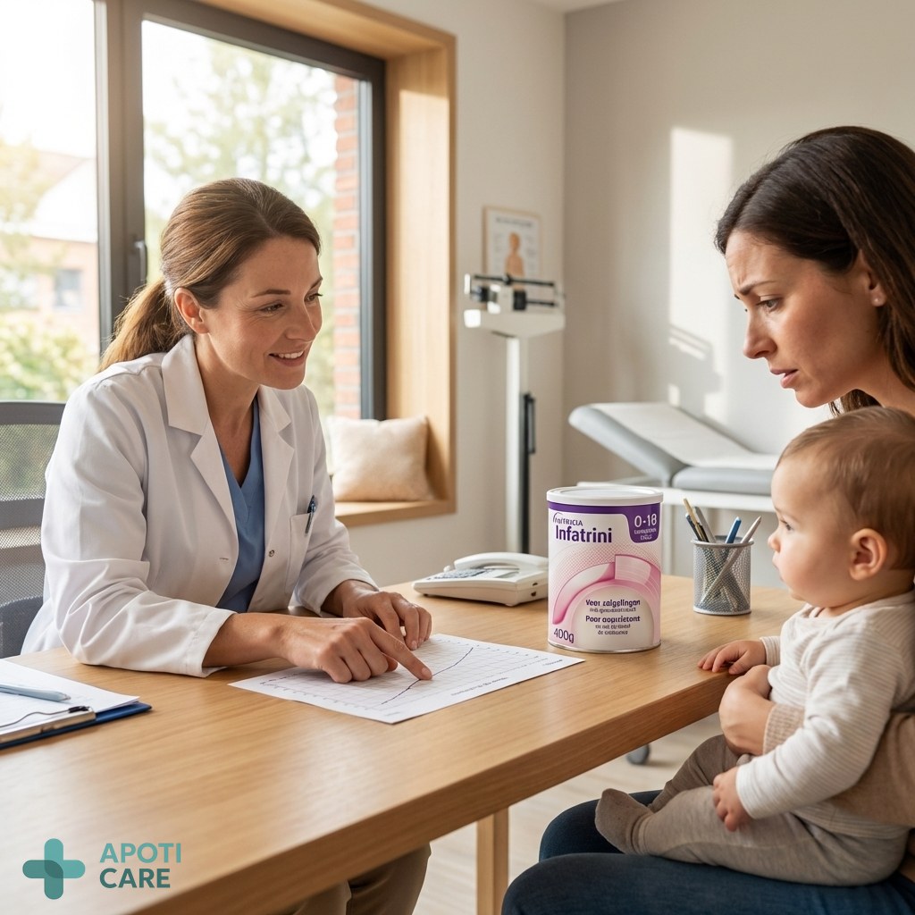 Realistic photography of a healthcare professional showing a growth chart to a concerned parent in a bright pediatric office, focus on the growth curve paper, professional atmosphere.