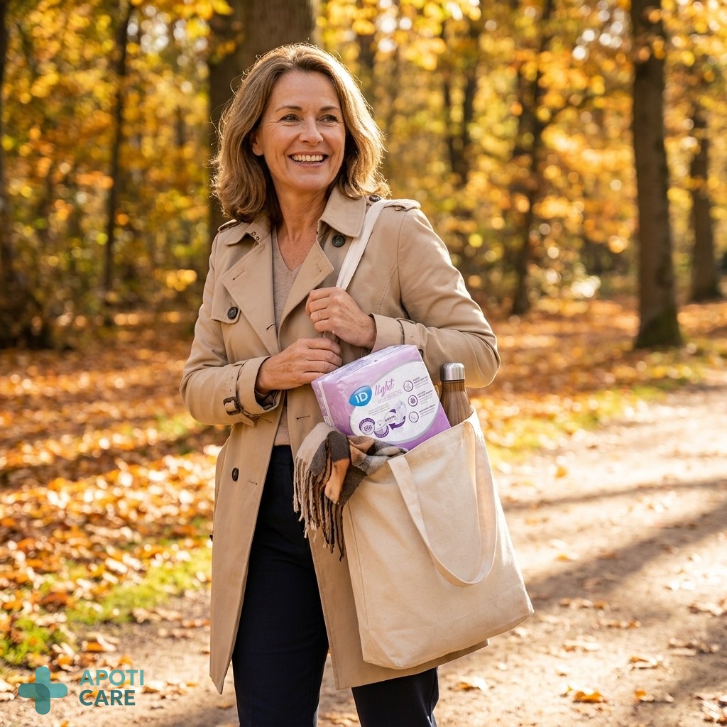 A serene woman in her early 50s, smiling, walking in a sunny park with autumn leaves, wearing a comfortable stylish trench coat, realistic lighting, soft natural colors.