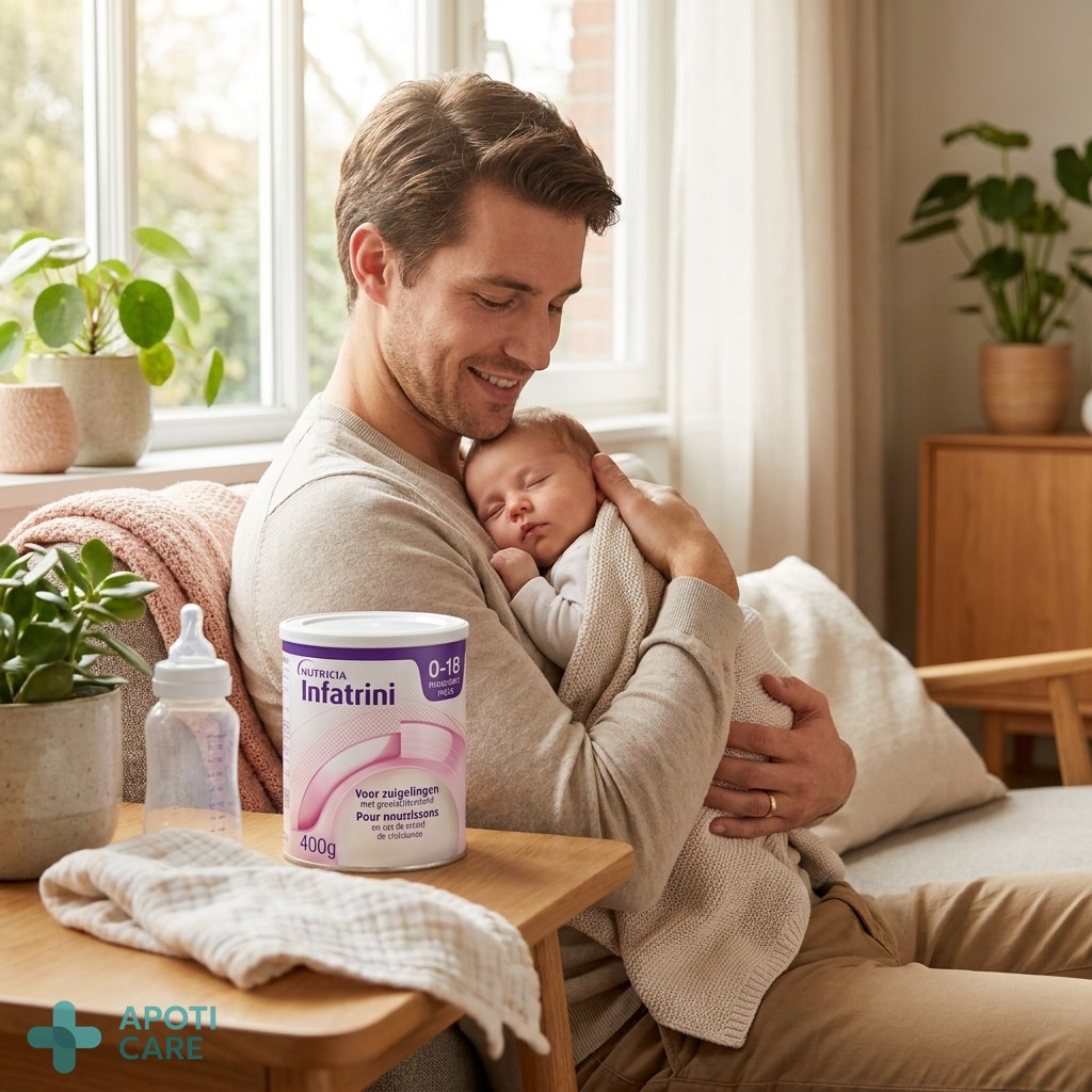 Realistic photography of a young father gently holding a calm infant after a meal, natural soft morning light, cozy home atmosphere, focus on the baby's peaceful expression.