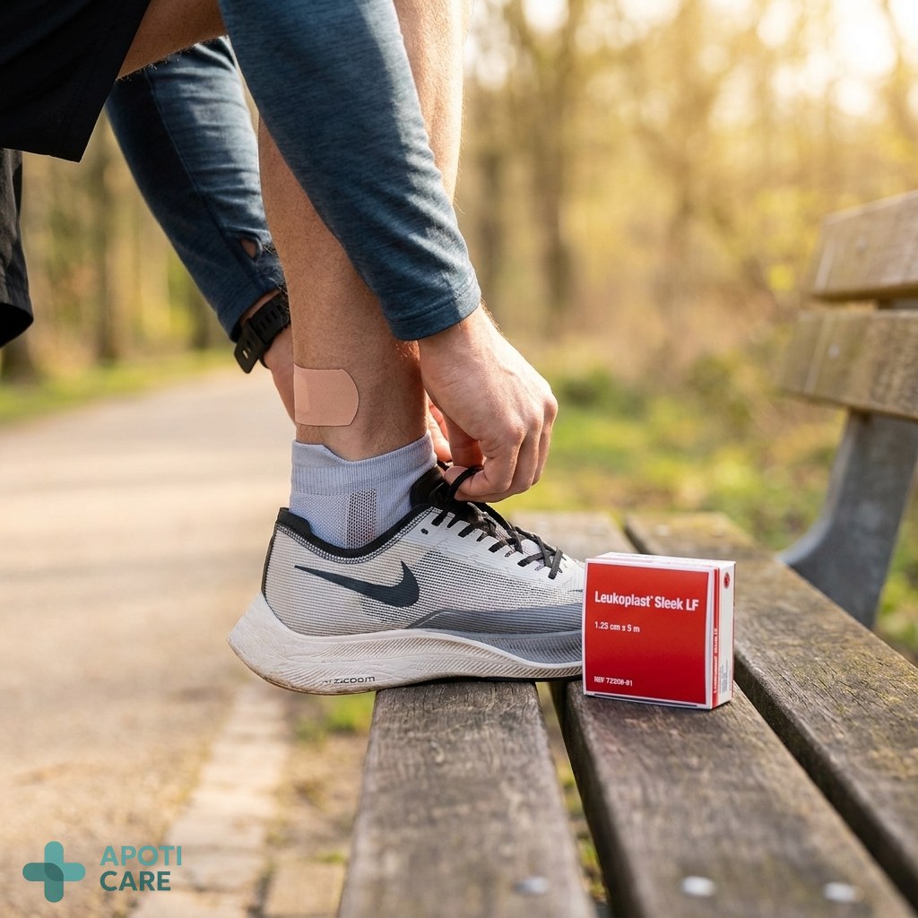 Realistic photography of a runner tying their shoes, focusing on the ankle area where a discreet flesh-colored tape is applied, natural daylight, professional sports gear.