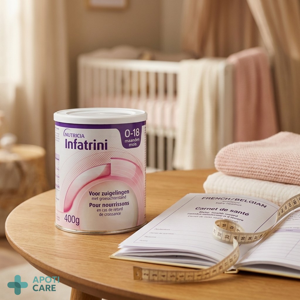 A realistic, soft-lit close-up of a baby's health record book (carnet de santé) lying on a wooden table next to a soft tape measure, with a blurry background of a nursery. Professional photography style, no text.