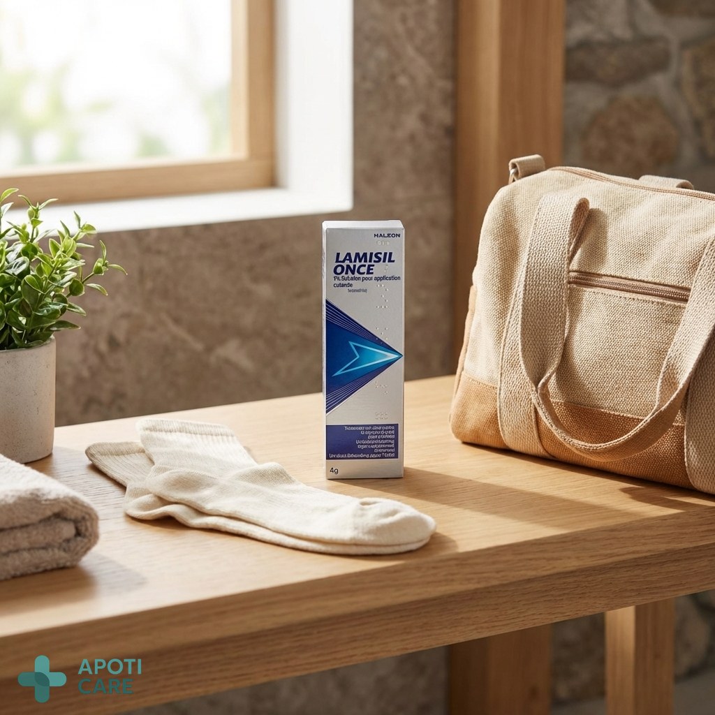 Realistic photography of a clean, modern bathroom floor with a pair of cotton socks and a sports bag, soft natural morning light, high resolution, professional healthcare aesthetic.