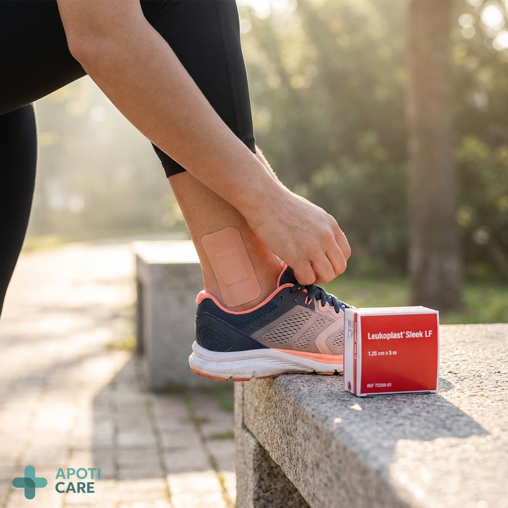 Realistic photography of a person tying their running shoes outdoors, focusing on the ankle area where a discreet flesh-colored medical tape is applied to prevent friction. Soft morning light, professional medical blog style.