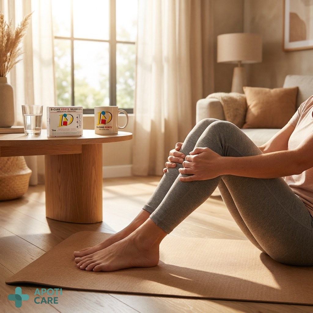 Realistic photography of a 40-year-old person stretching their legs in a bright living room, focusing on knees and ankles, soft natural morning light, professional and serene atmosphere.