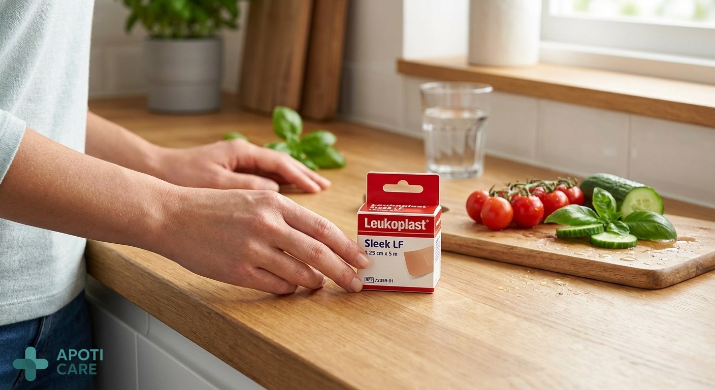A realistic close-up photograph of a person's hands working in a modern kitchen, with focus on healthy skin, natural lighting, soft background showing fresh vegetables and water droplets, professional and clean atmosphere.