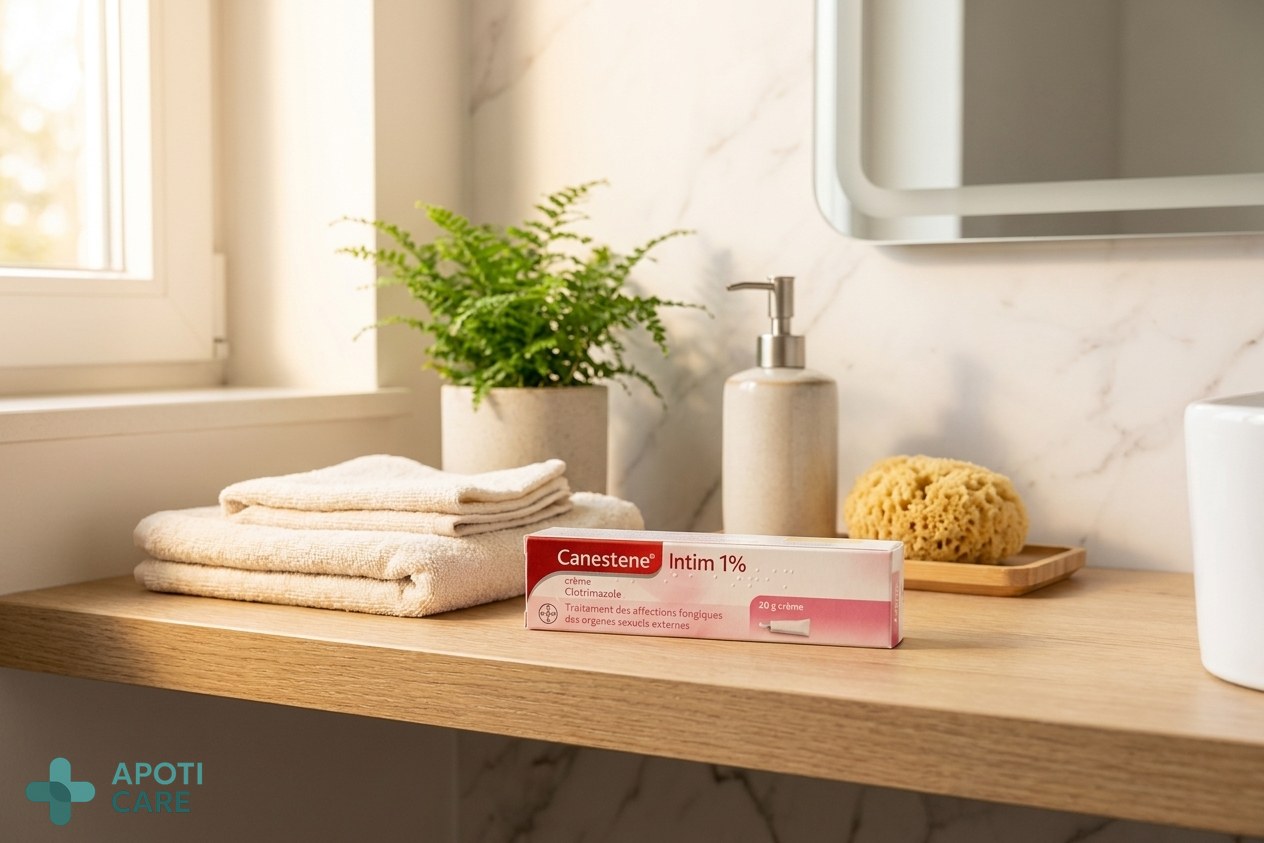 Realistic photography of a clean, modern bathroom shelf with some cotton towels and a small plant, soft natural morning light, high quality, professional healthcare aesthetic.