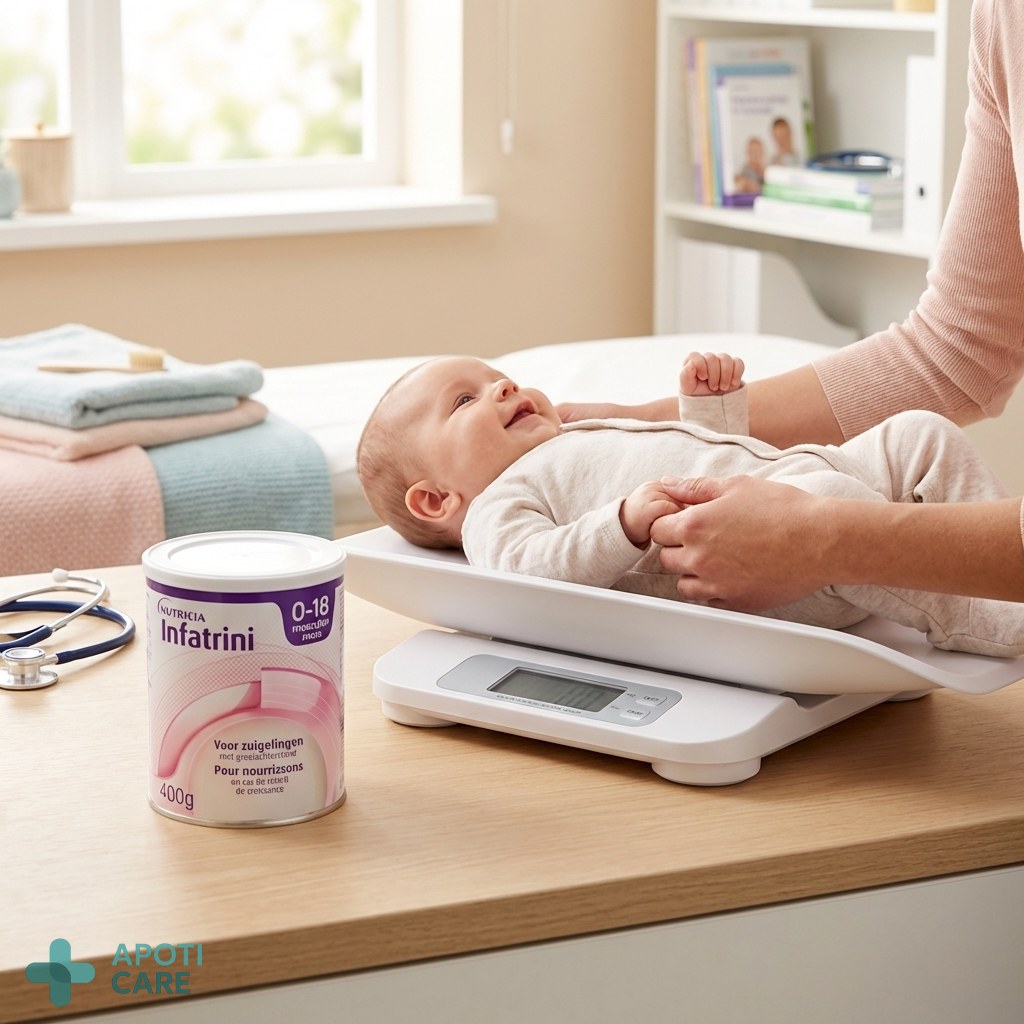 A close-up, realistic photo of a happy infant being gently weighed on a professional baby scale in a brightly lit, modern pediatric office. The atmosphere is soft and reassuring.